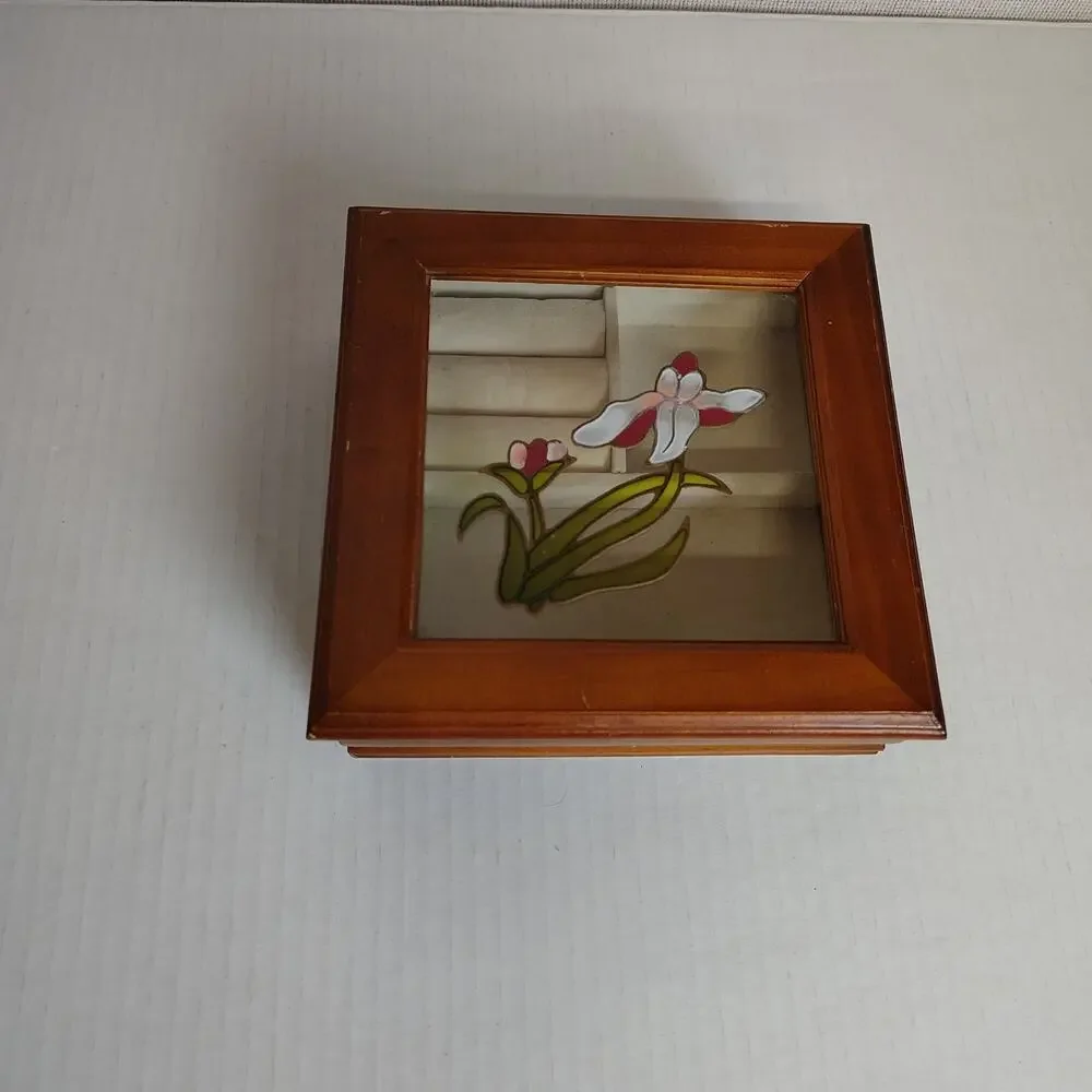 Wood Glass Top Jewelry Box Stained Glass Floral Ring Display Trinket Box